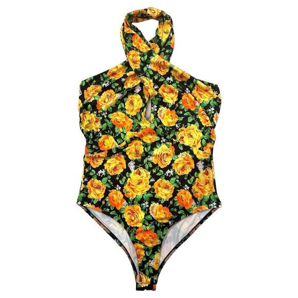 Zara High Halter Neck Twist Ruched Floral Stretch Bodysuit Yellow Sz SMALL NWT! - Picture 3 of 11